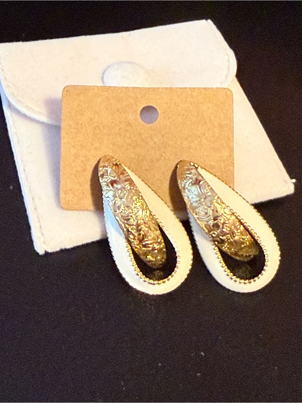 Vintage Cream Enamel & Textured Gold Teardrop Hoop Earrings Ornate Scroll